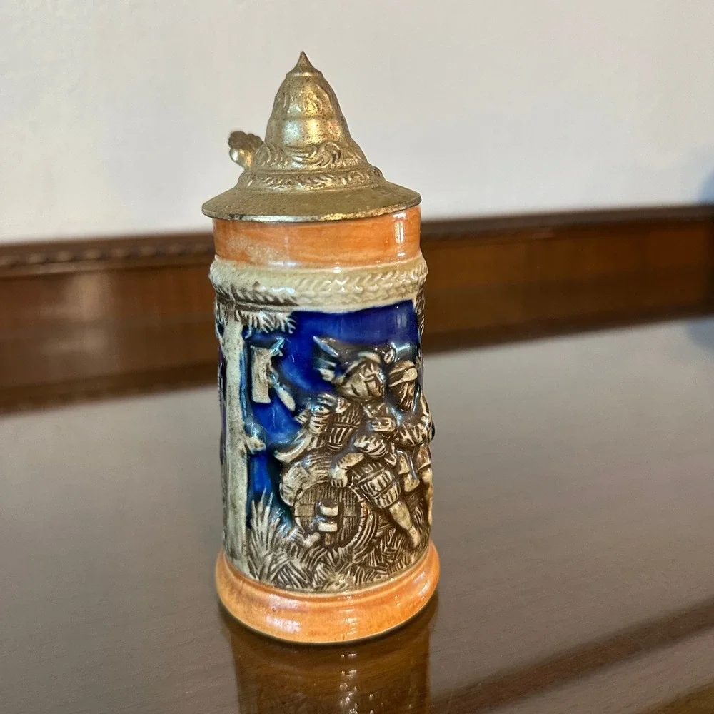 Vintage Miniature German Style Beer Stein Japan Cobalt Blue Relief Metal Lid 6
